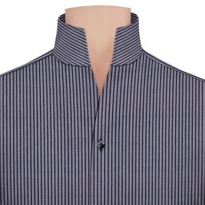 High Buttonless Open Collar Men&#39;s Shirt Blue Pinstripes One Piece Collar Celebrity Inspired Karl Lagerfeld Style Cotton Shirt Gift for Him