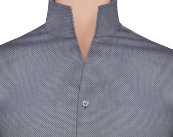 High Open Band Collar Shirt for Men Grey Micro Dot Oxford Cotton Formal Office Business Wear Custom Made Shirt