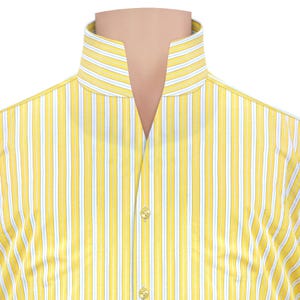 May include: A yellow and white striped button-up shirt with a mandarin collar.