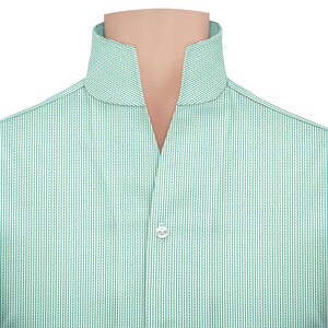 May include: A close-up of a light green and white striped shirt. The shirt has a mandarin collar and a single white button. The vertical stripes are thin and evenly spaced, creating a classic look. The shirt is made of a lightweight fabric.
