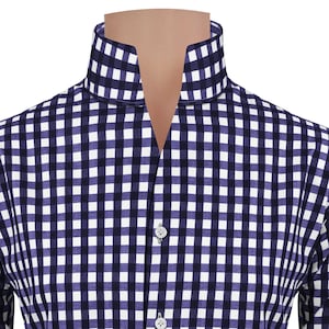 High Men's Navy Blue Gingham Checks 100 % Cotton Buttonless High Neck Celebrity Style Semi-Formal Wedding Outfit High Unique Collar Shirt