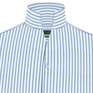 Camisa formal de negocios para hombre, de rayas finas, azul y blanca, de corte alto y abierta, 100 % algodón, cuello alto, sin botones, para fiestas, corte entallado, cuello grande
