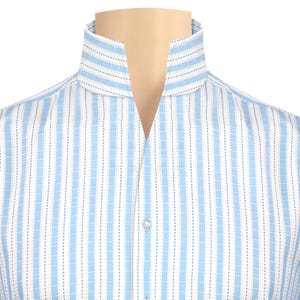 Men's High One Piece Collar Shirt V Buttonless Blue White Stripes Long Sleeves Custom Made on Order Business Dress Shirt