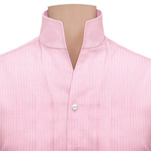 May include: A pink striped dress shirt with a mandarin collar and a single button fastening.