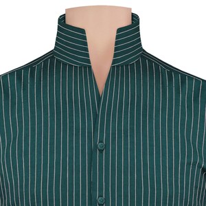 May include: A teal blue dress shirt with white vertical stripes and a mandarin collar. The shirt has a button-up front.