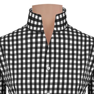 High Men's Black Gingham Checks 100 % Cotton Buttonless High Neck Celebrity Style Party Semi-Formal Wedding Outfit High Unique Collar Shirt