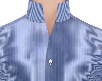 Men's High Collar Cotton Shirt, Blue Pin Stripes, Custom Made