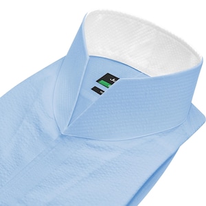 Camicia formale da uomo d'affari in piedi, in seersucker azzurro chiaro, a contrasto, con colletto alto e aperto, bottoni bianchi, 100% cotone, collo alto, a V, da festa