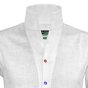 White Linen High Open Collar Shirt Tall Neck Dress Buttonless V Neck Stiff Clerical Gift for Him Stand Up Colorful Buttons Custom Made Men&#39;s