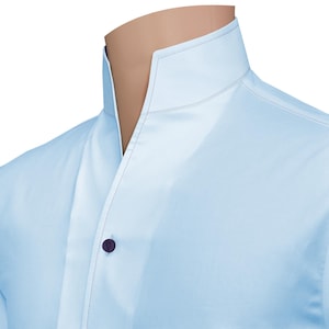 Camicia da uomo in cotone 100% con collo alto aperto, senza bottoni, a V, con scollo alto, da cerimonia, con cuciture e finiture a contrasto, preppy, su misura