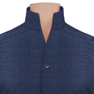 Tailored Fit Men's 100% Cotton Dress Shirt High Open V Collar Navy Blue Seersucker Preppy Style Custom Wear Lagerfeld Inspired Outfit