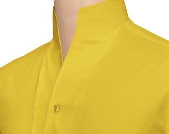 Vintage High Open Band Collar Shirt for Men Bright Yellow 100% Cotton Buttonless Stiff Neck Formal Retro Gala Event Mandarin Chemise