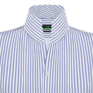 Camisa de hombre de rayas azul cielo de 100 % algodón con cuello alto, manga larga, formal, sin botones, cuello en V, cuello rígido, hecha a medida