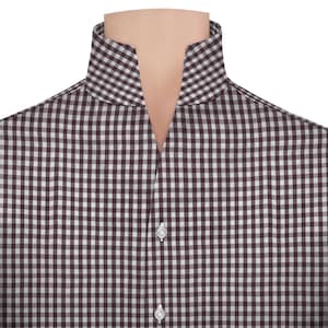 Custom Made High Band Collar Shirt 100% Cotton Maroon Gingham Checks Summer Party Chinese High Band Buttonless Shirt