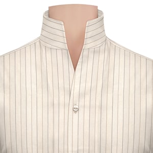 Men&#39;s high one piece collar shirt Long Sleeves V Open Stiff collar Buttonless 100% cotton Fawn Chalk Stripes Evening Party Outfit