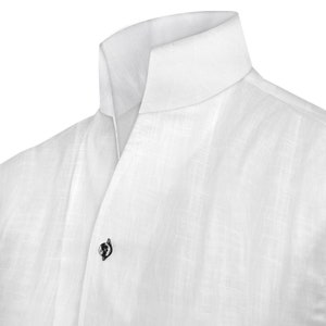 White Linen High Collar Men's Shirt Buttonless Groom's Wedding Style Unique Quirky 1970s Fashion Modern Fit