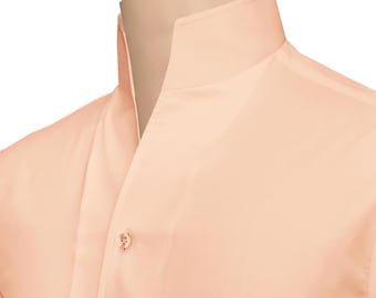 One Piece High Collar Men's Shirt Light Orange Cotton Open Buttonless V Neck Preppy Formal Evening Dress