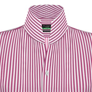 May include: Close-up of a formal shirt with vertical magenta and white stripes. The shirt has a classic collar and button-down front. The label reads "John Clothier London Green Label 100% Cotton."