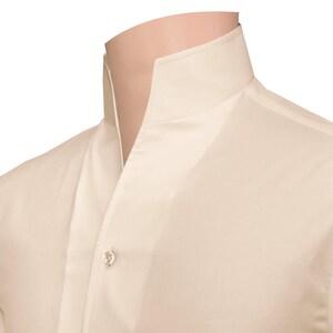 Fawn High Open Men's 100%Cotton Buttonless Outfit Inspiration V Tall Neck Celebrity Style Preppy Custom-Made Dress Long Sleeves Collar Shirt