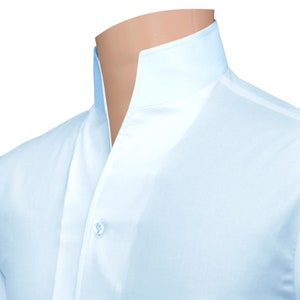 Sky Blue High collar shirt Cotton Long sleeves Tall V neck High Open Dress shirt Buttonless collar Standup Band collar Light Pale Blue