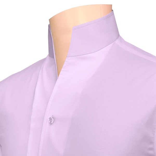 Lilac High Open collar shirt 100% cotton Long sleeves Tall neck High collar Dress shirt Buttonless collar V neck Band Grandad collar