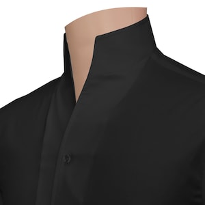 Men's Black Shirt High Open Cotton Long Sleeves Tall Open Neck Dress Buttonless V Neck Grandad Big Collar Birthday Party Wear
