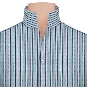 May include: A close-up of a striped shirt with a mandarin collar. The shirt has vertical stripes in blue and white. A single white button is visible on the placket. The collar has a light blue and white striped pattern.