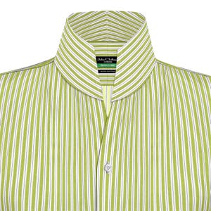 May include: Close-up of a green and white striped shirt. The shirt has a classic collar and a button-down front. The label reads "John Clothing LONDON Green Label 100% Cotton".