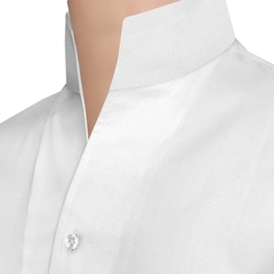 White Men's High Collar Cotton Shirt stripes 3''tall open V neck collar custom made long sleeves
