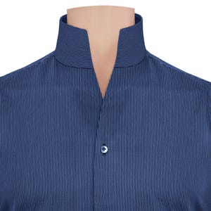 May include: A close-up of a blue striped shirt with a mandarin collar. The shirt has vertical stripes and a single button. The collar is a distinctive design element.