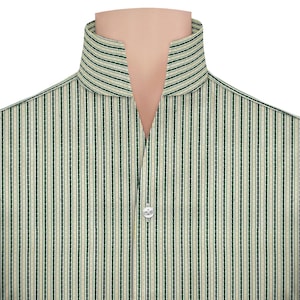 May include: A close-up of a striped shirt with a mandarin collar. The shirt has vertical stripes in green and cream. A single white button is visible on the placket. The shirt is suitable for formal or business attire.
