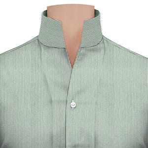 Vintage Fashion Edwardian Lond Sleeve Shirt High Open Buttonless Collar Custom Clothing Cotton Green Pin Stripe Men&#39;s Wear