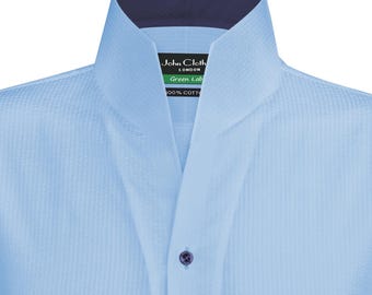 Handmade Light Blue Seersucker Shirt - High Collar, British Style