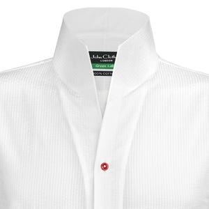 Men's Tailored Fit White Summer Shirt High Collar Fetish Cotton Seersucker Rainbow Buttons Tall 3'' Buttonless Neck Style Dress Shirt