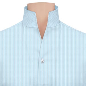 Men's Blue Striped Cotton Shirt - High Open Collar, Custom Made