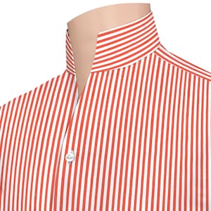 May include: A close-up of a red and white striped shirt. The shirt has a mandarin collar and a single white button. The vertical stripes are evenly spaced, creating a classic design. The shirt is likely made of a lightweight fabric.