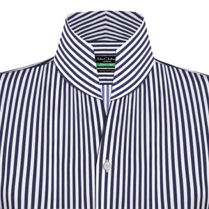 High Open collar shirt 100% cotton Long sleeves High collar Dress shirt Buttonless V neck Navy White Stripes Stiff Stand collar Men's shirt