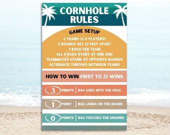 Reglas del juego Cornhole / Marcador de Cornhole, Letrero retro vintage de verano para la noche de juegos de tu reunión familiar, fiesta en el jardín, boda o cualquier otra celebración.