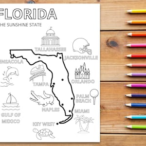 Florida Karte mit Städten und Landkreisen | Arbeitsblatt zum Ausmalen, Große Sehenswürdigkeiten Karte, FL USA Poster Zeichnung, Montessori Vorschule Geographie