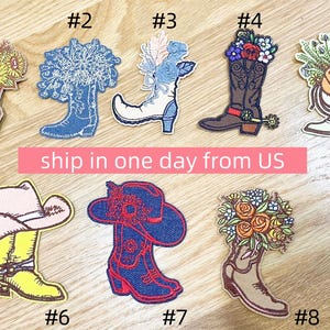May include: Set of eight embroidered iron-on patches featuring cowboy boots, flowers, and a cowboy hat. The patches are numbered 1 through 8.