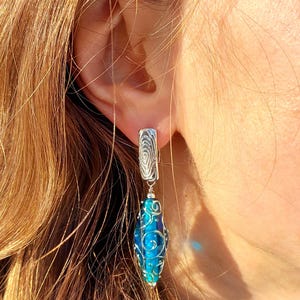 Long earrings, Sea green earrings, Dangle earrings, Drop earrings, Lampwork glass earrings, Statement earrings, Gift girl