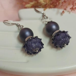 Lilac earrings, Lampwork flower earrings, Dangle earrings, Glass dangle earrings, Elegant jewelry.