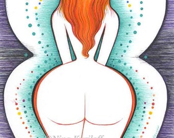 Original Wall Bedroom Art Drawing Redhead Erotic Sexy Woman Nude Modern artwork BBW 10 x 8 inches