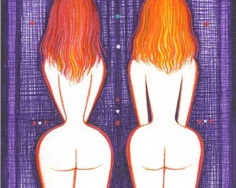 Original drawing erotic sexy Nudes abstract Bedroom Art Female Women Redhead Red Hair stylized