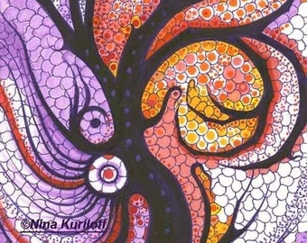 ORIGINAL Art Surreal Abstract orange red Fantasy Purple Tree Dots Drawing Wall Decor