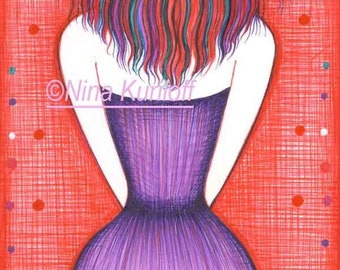 Original Portrait Modern Redhead Multicolored Hair Purple Dress Art Decor Woman Female