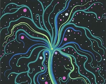 Original Art Drawing Black Paper Tree Plants abstract surreal Vibrant colorful artwork