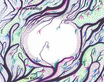 Original Art Drawing Purple Tree Branches 2 abstract nature Dots unique artwork