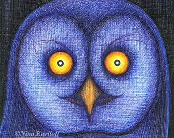 Original Art drawing OWL bird Blue Surreal Abstract stylized artwork