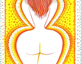 Original drawing erotic sexy Nude abstract Yellow Bedroom Art Female Woman Redhead Red Hair stylized